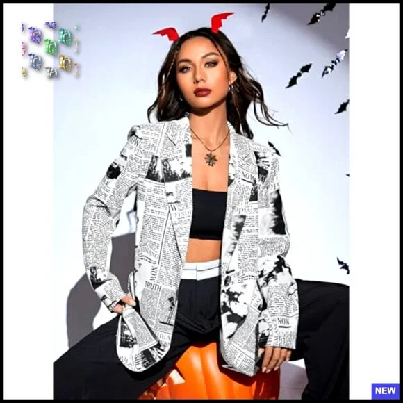 Newspaper Print Blazer Lapel Collar Long Sleeve Work Office Jacket Soft Stretch - Picture 6 of 7